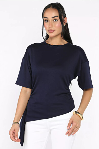 Aryena Navy Blue Women's Crew Neck T-Shirt with Side Detail