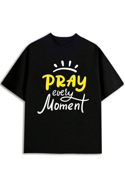 4CR Men's Crew Neck-Shirt Pray Every Moment Printed-Shirt Black New Spring/Au...