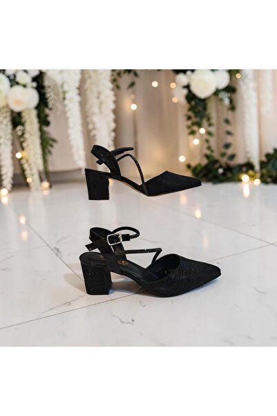 Fiyra 7012 Black Glittery Stone Thick Square Heel Evening Dress Stiletto Shoes