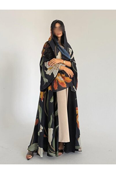 Noon Noora Printed Cardigan Jacket, Fashionable Abaya Robe with Headscarf