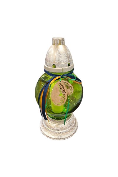 LCA Set 2 x Candela din Sticla, Verde / Argintiu, Model Ou cu Fundita, PM-958-VG