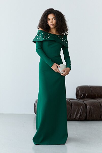 Serica Moda Emerald Madonna Collar Beaded Embroidered Long Sleeve Evening Dress