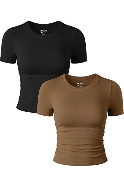 OtherMax Set Damă Tip Crop Top 2 Bucăți Mâneci Scurte Adunat Confortabil Negr...