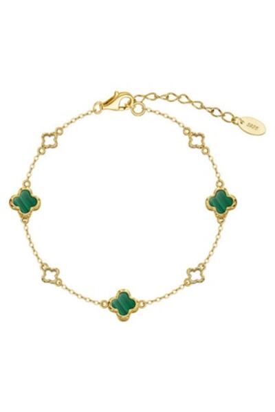 UNA VIDA Brățară cu trifoi verde malachit din argint 925 placat cu aur de 14K