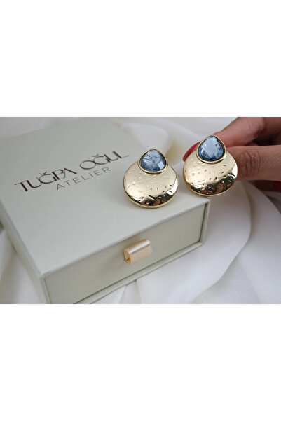 ATELİER TUĞBA Kp672 Blue Stone Earrings with Hammered Texture (35 mm)