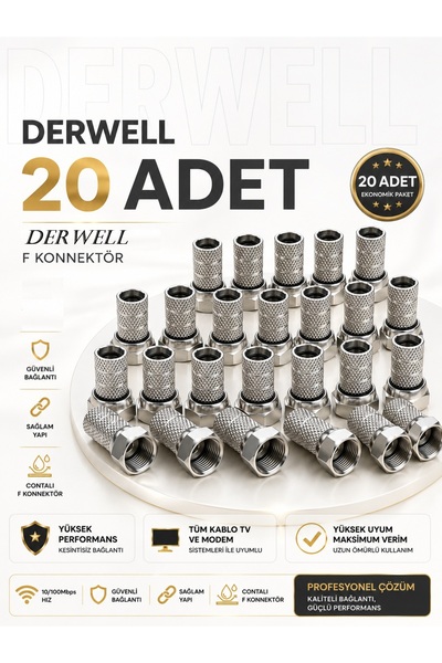 Derwell 20 Adet Premium Vidalı RG6 F Konnektör - Siyah Contalı Yüksek Kalitel...