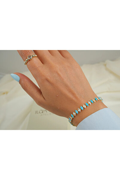 ATELİER TUĞBA Blk623 Turquoise and White Stone Waterway Bracelet (16 cm + 2 c...