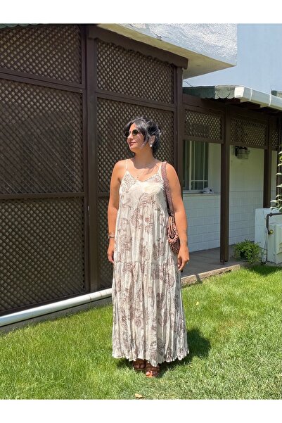 bussrabutik Ethnic Patterned Brown Chiffon Dress with Straps