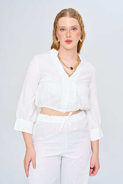 Orfeo Negro Women's Chinese Collar Solid Color Crop Shirt