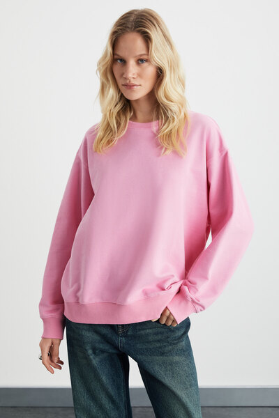ETHIQUET Karius Women's Organic Cotton Oversize Round Neck Pink Sweatshirt wi...