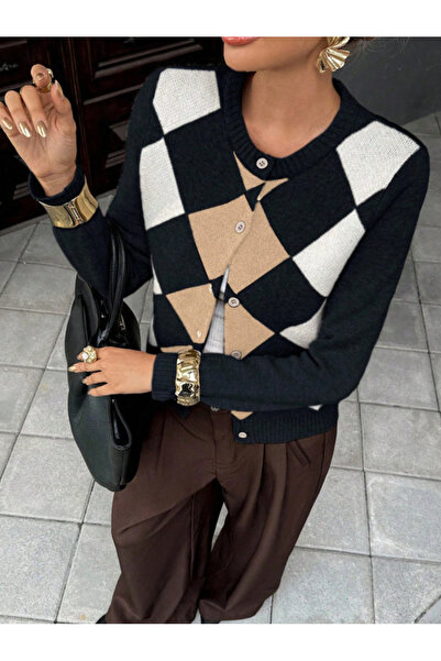 Dier Moda Women's Patterned Crew Neck Buttoned Knitwear Cardigan