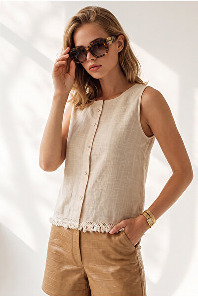 Olalook Women's Stone Accessory Buttoned Fringed Flam Cotton Blouse Blz-19003398