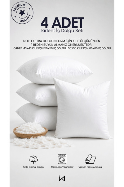 İz Home 4 Adet Premium Ultra Dolgun Kare Kırlent İç Yastık Seti | Orijinal Silikon Dolgu | Koltuk Köşe Yastık | Vakum Ambalajlı | Yıkanabilir