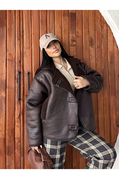 Bonne Maison Else Black Textured Suede Oversize Zr Model Coat with Plush Inside