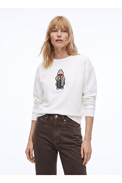 Fabrika Beyaz Kadın Bisiklet Yaka Loose Fit Nakışlı Sweatshirt F6WL-SWT0105