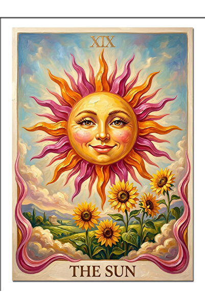 Tablo Mega Güneş Tarot Kartı Sarı Gülen Dekoratif Kanvas - Mdf Ahşap Tablo