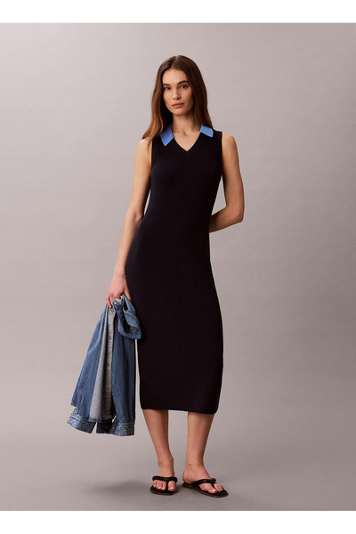 Calvin Klein Jeans Siyah Kadın Gömlek Yaka Elbise LV047G310GCEF