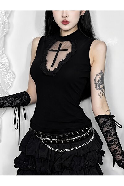 Mournbelle Gotik Haç Detaylı Tüllü Dantelli Bluz
