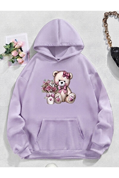 uyguntarz Unisex Cute Teddy Bear Printed Oversize Hooded Sweatshirt
