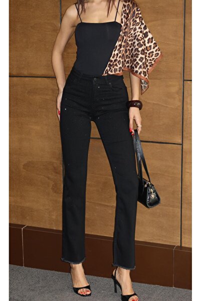 Moda Days Pantaloni de damă BLACK STONE, cu talie înaltă, cu detalii din piat...