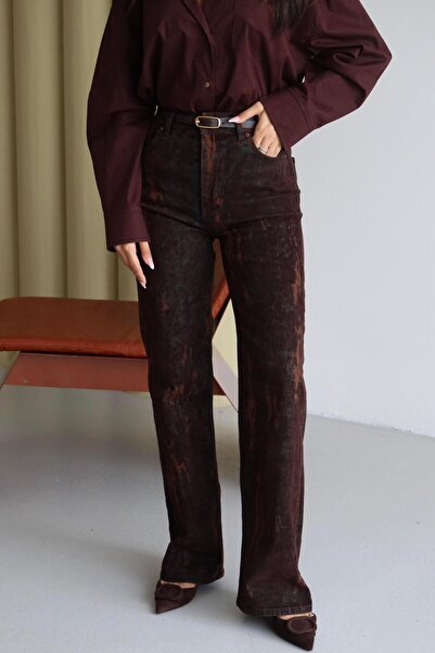 Moda Days Women's Brown High Waist Flock Printed Wide Leg Jean Trousers