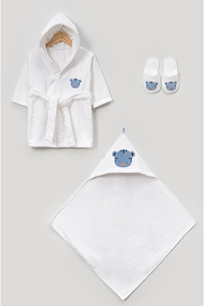 Bebitof Hooded Embroidered Baby Bathrobe Set (Bathrobe + Towel + Slippers)
