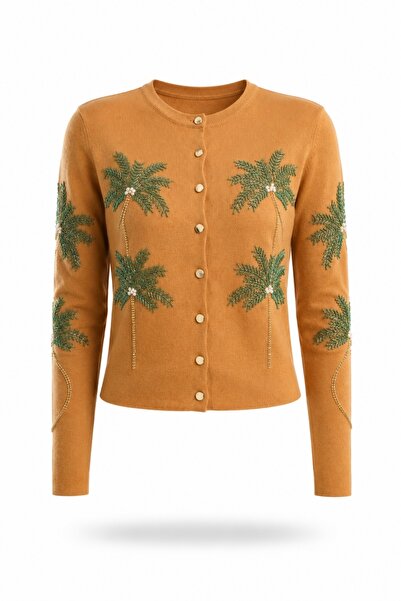 5in1Canpolat Cardigan cu mărgele de palmier camel 150525