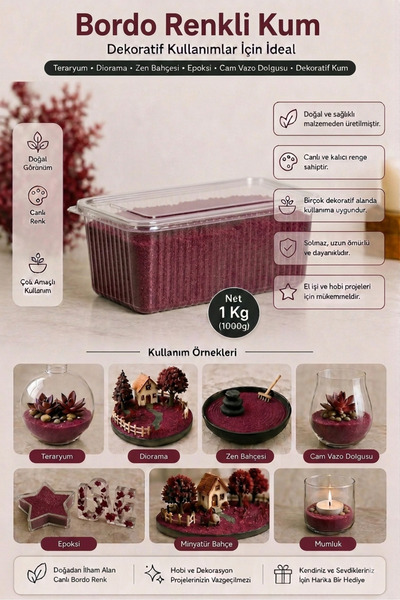 Bordo Renkli Kum 1 Kg Teraryum Diorama Maket Minyatür Bahçe Mumluk Süsleme Epoksi Mum Cam Vazo Yapay Çiçek Dolgusu Dekor