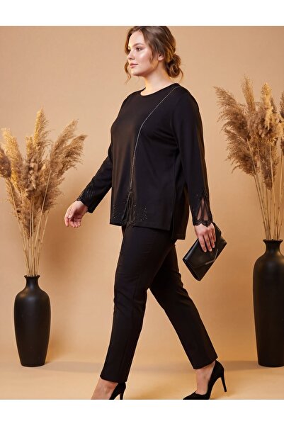 Te&Te Women's Black Plus Size Blouse with Lace Detailing on the Cuffs and Hem...