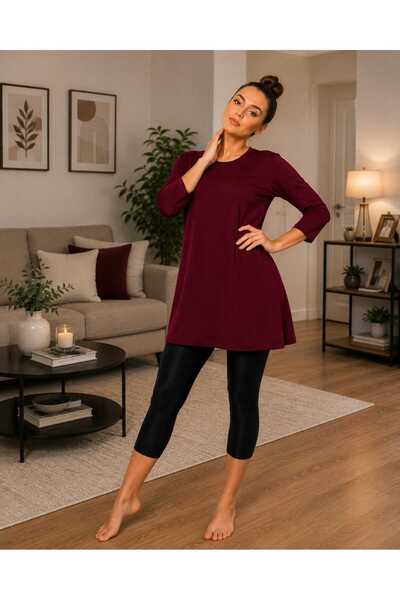 ModaLeaf Women's Burgundy Capri Sleeve Cotton Crew Neck Combed Tunic Ysn-1