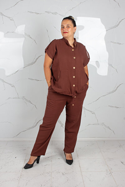 Truva XXL Women's Plus Size Muslin Jacket and Pants Two-Piece Set