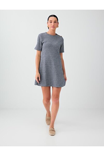 Jimmy Key Navy Blue Collar Button Detailed Short Sleeve Cotton Dress