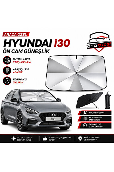 Oto Çizgi Hyundai i30 Şemsiye Tip Ön Cam Güneşliği Katlanabilir UV Korumalı A...