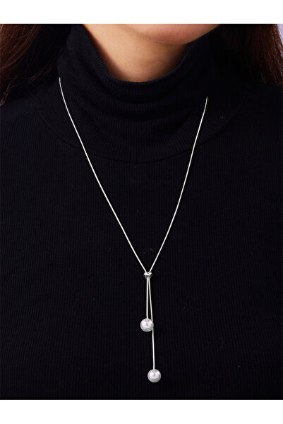 Take Two By Styli Silver Y Necklace with Pearl Drops