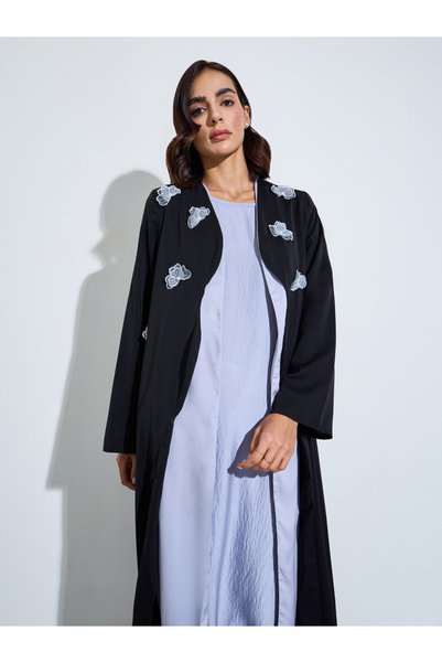 Amirah By Styli Black Butterfly Embroidered Open Front Abaya
