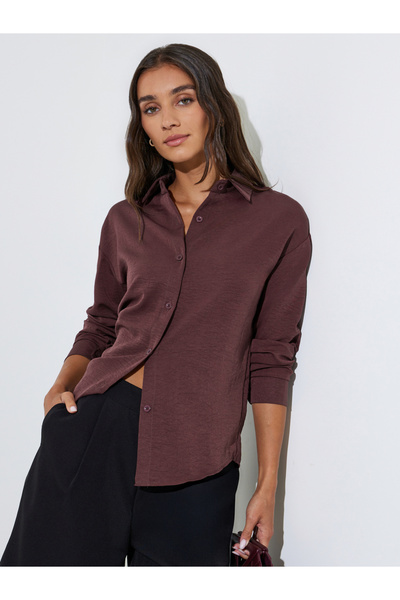 Styli Burgundy Plain Long Sleeves Oversized Shirt