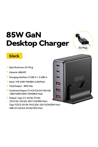 choice2 ESSAGER EU Plug Grey Essager 85W GaN USB Charger6in1 Desktop Fast Cha...