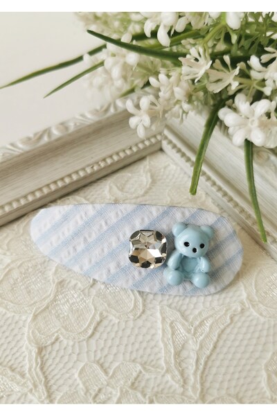 Halley Concept Blue Plaid Fabric Snap Fastener with Teddy Bear Figure 7.5X3 cm