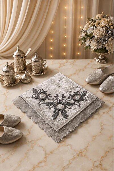 Çeyiz Diyarı Lalezar Four Corner Laced Velvet Bundle 80X80 cm Gray