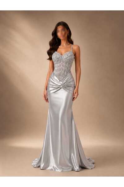Generic Silver Satin Mermaid Evening Dress with Crystal Beaded Bodice