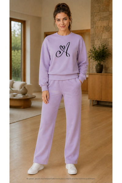 TREND EMMODA Women's Heart Detailed Letter a Printed Tracksuit Set / Round Ne...