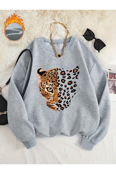 uyguntarz Unisex Leopard Patterned Tiger Printed Crew Neck Sweatshirt