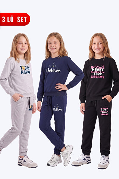 FYK KİDS Girl's 3-Piece Printed Crew Neck Double Pocket Tracksuit Set