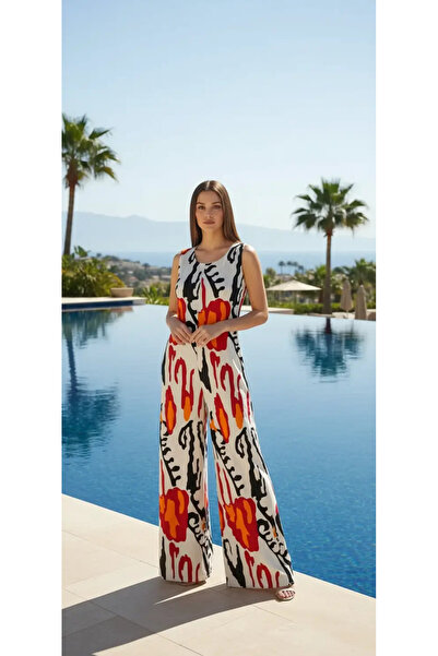 Sierra otantik Ecru Abstract Patterned Modal Wide Leg Jumpsuit