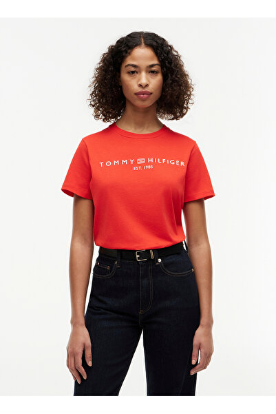 Tommy Hilfiger Kırmızı Kadın Bisiklet Yaka Baskılı T-Shirt WW0WW40276XNF