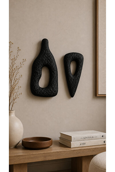 Muyika Design Duvar Dekoru 2'li Set Siyah Beton Taş Görünümlü Dokulu Soyut Du...