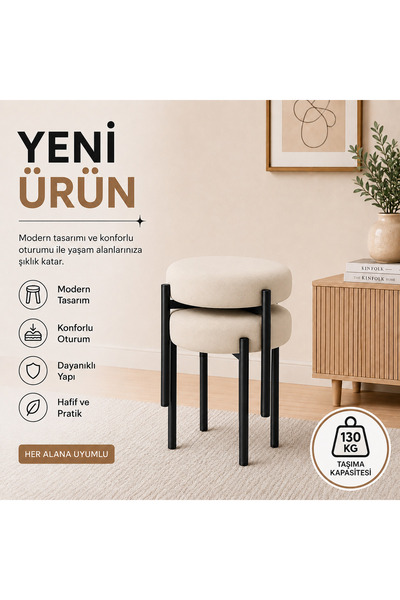 EVDERA MOBİLYA CEMRE 2Lİ PUF TABURE BENCH MAKYAJ SANDALYESİ SİYAH AYAK