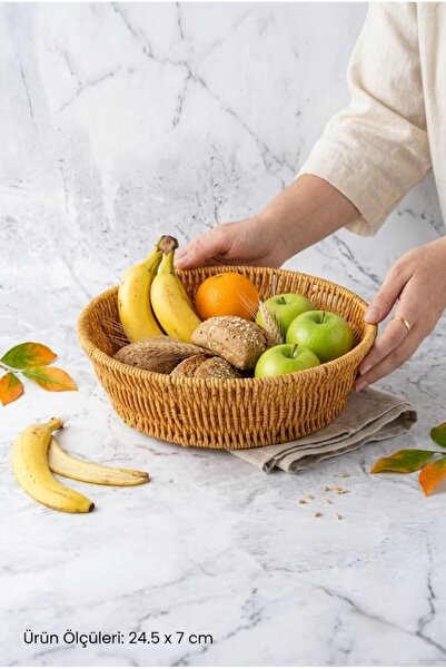 Atbyhome Round Rattan Bread Basket 24.5X7 cm - Handwoven Wicker Fruit Bowl an...