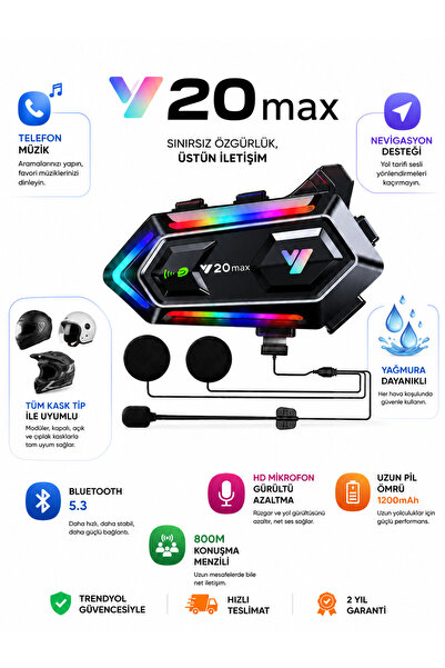 Dynego Y20 MAX Intercom 300 Mt Telsiz Özellikli Işıklı Motosiklet 5.3 Kask Mo...