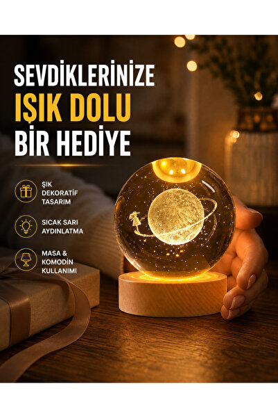 UCUZTEKNO Ahşap Standlı Sarı Işıklı Dekoratif Küre Kız Figürü Tasarım